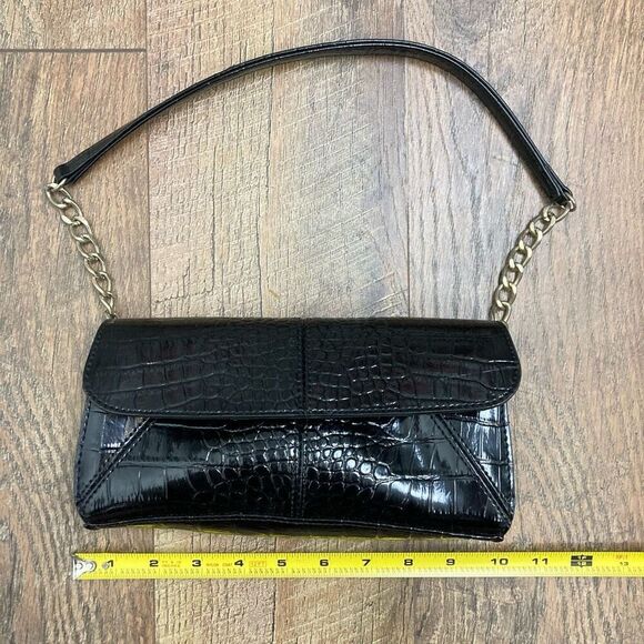 Vintage Y2K Mini Satchel Shoulder Bag Black Alligator Print Brass Chain Vegan - Picture 9 of 11